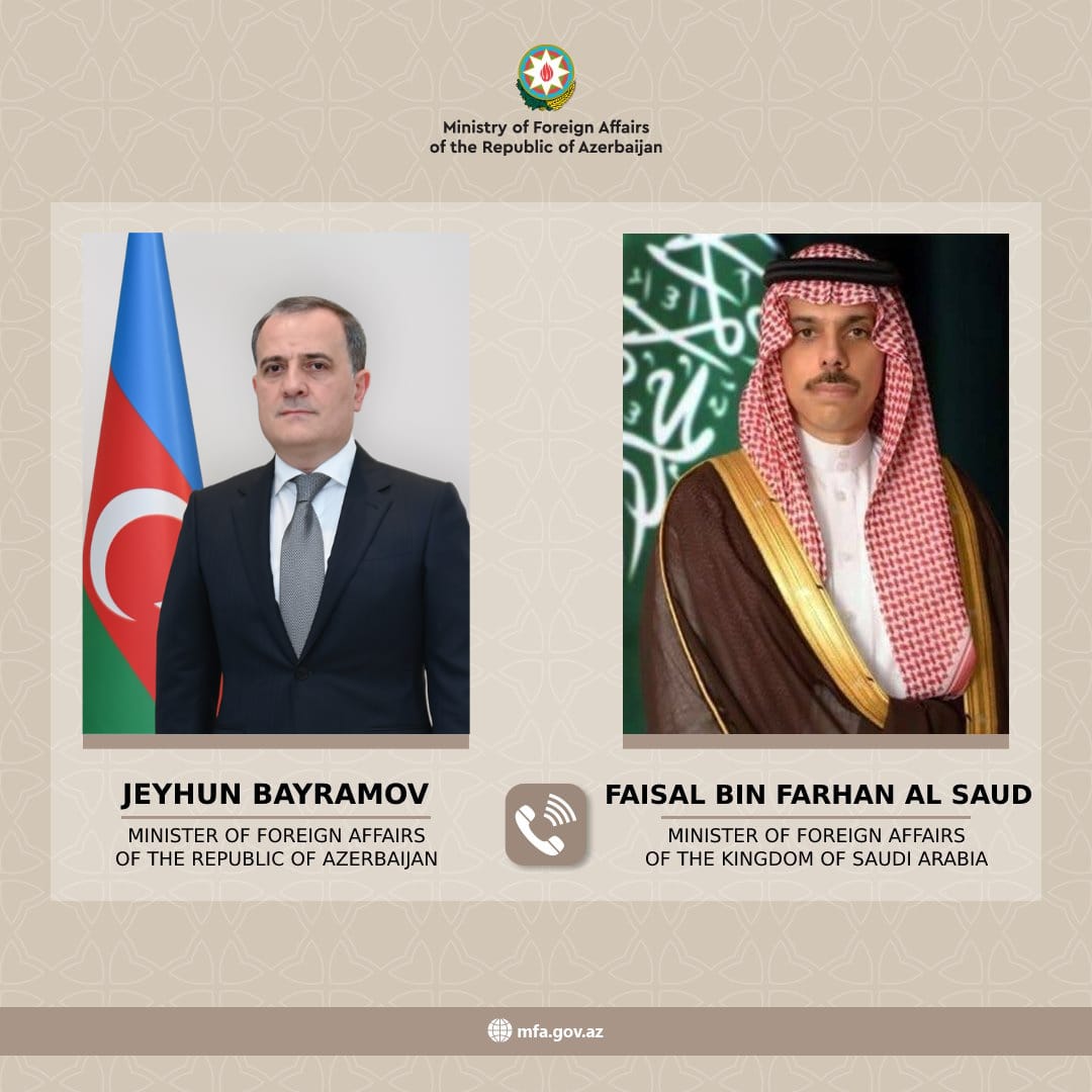 Nazir Ceyhun Bayramovun Səudiyyə Ərəbistanı Krallığının xarici işlər naziri şahzadə Feysəl bin Fərhan Əl Səud ilə telefon danışığına dair mətbuat məlumatı Xeber basligi